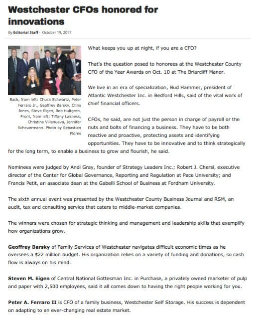 About Us Westchester CFO Honored